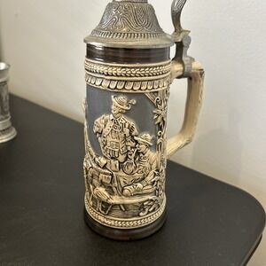 Vintage GERZ German Beer Stein Pewter Lid Relief Tavern Scene